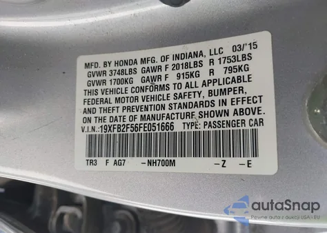 2015 Honda Civic Lx z USA, uszkodzony, nr VIN 19XFB2F56FE051666